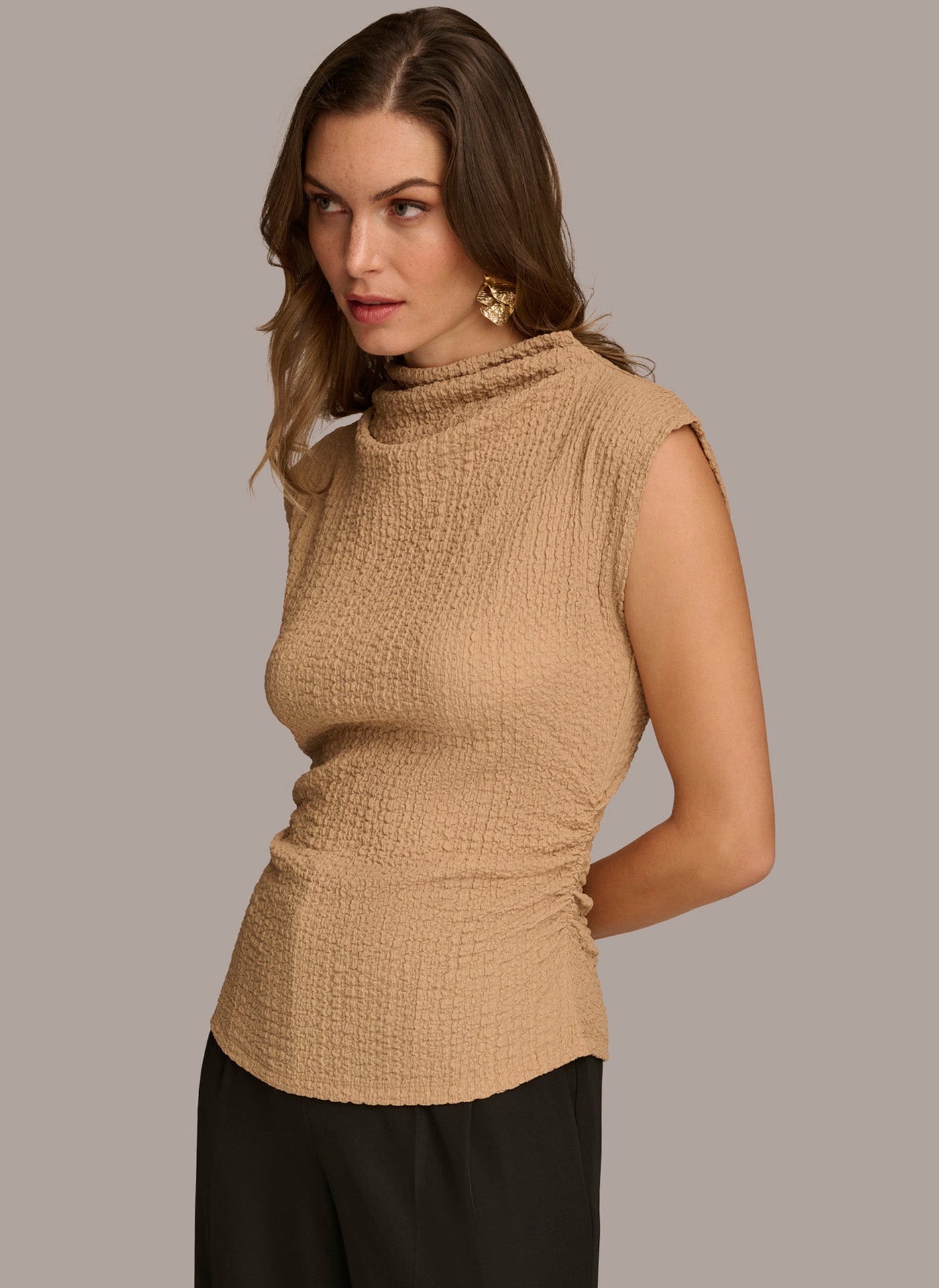 (image for) CONCISE TEXTURED MOCKNECK TOP WITH RUCHING